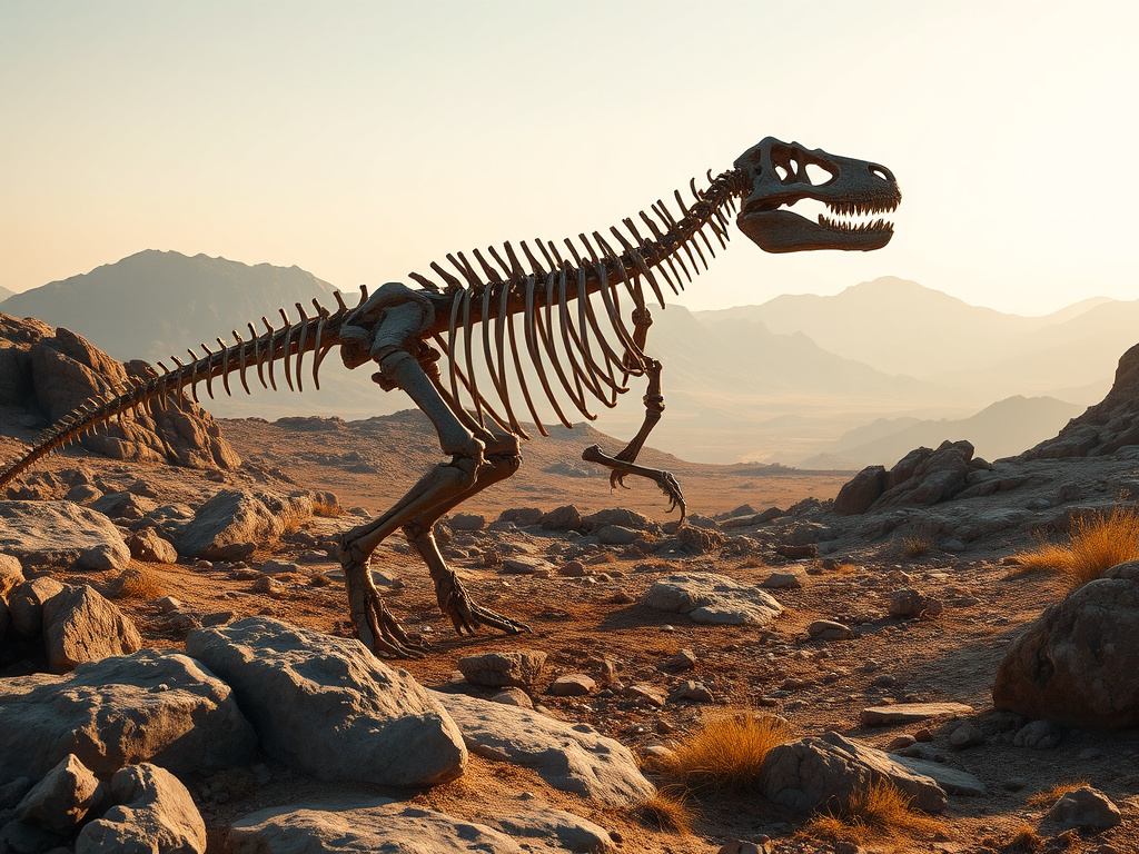 A sweeping landscape with a partial dinosaur skeleton excavated from a rocky terrain, bathed in warm, golden light, corporate style.