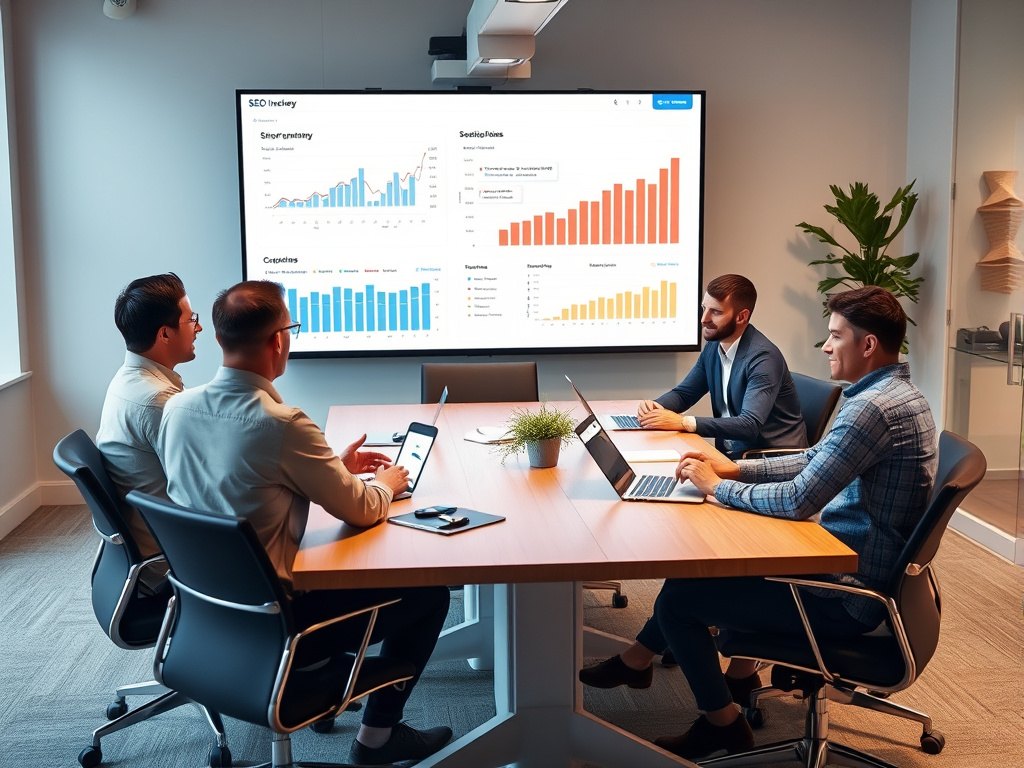 marketing consultant discussing SEO strategy with team around a conference table, presenting data insights on a large screen