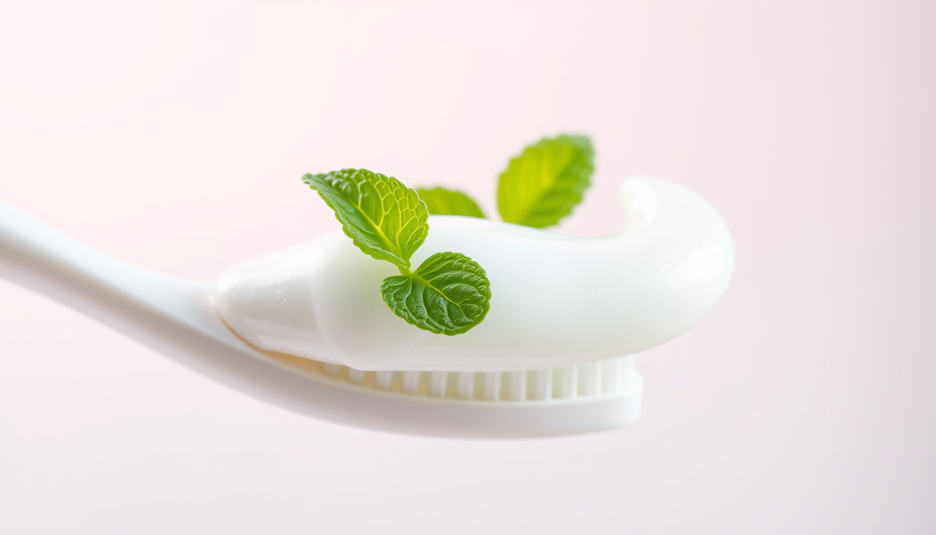  close-up of gentle mint toothpaste foaming on toothbrush, soft glowing light background