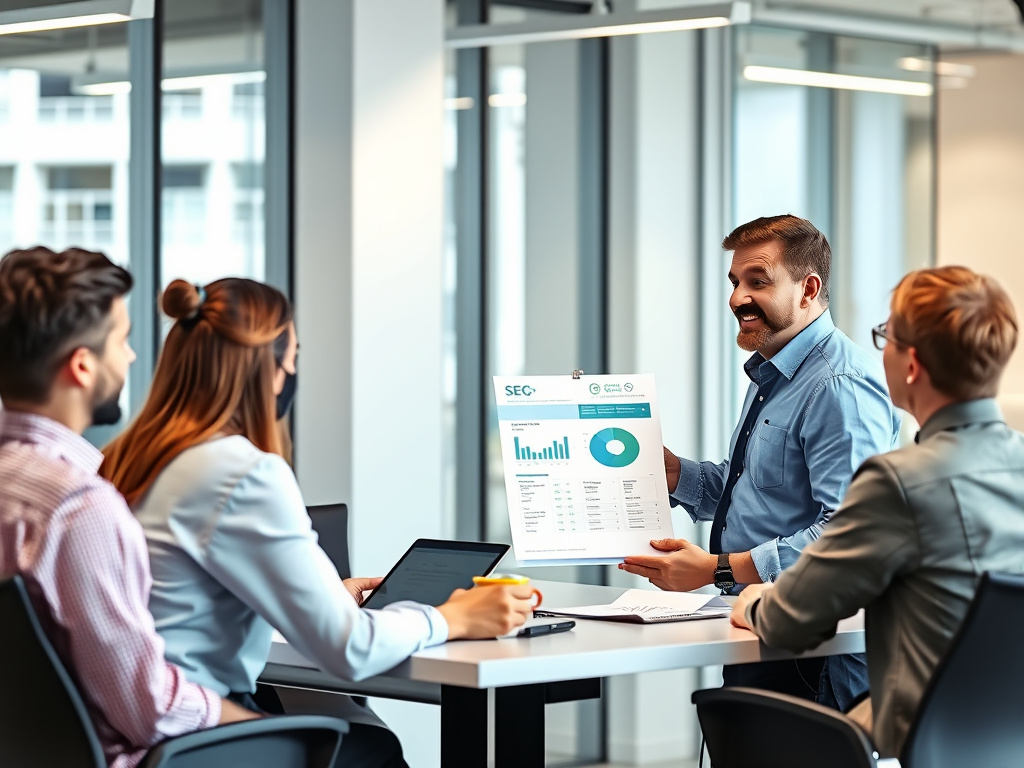 professional digital marketer presenting SEO analysis report to team in a modern office setting