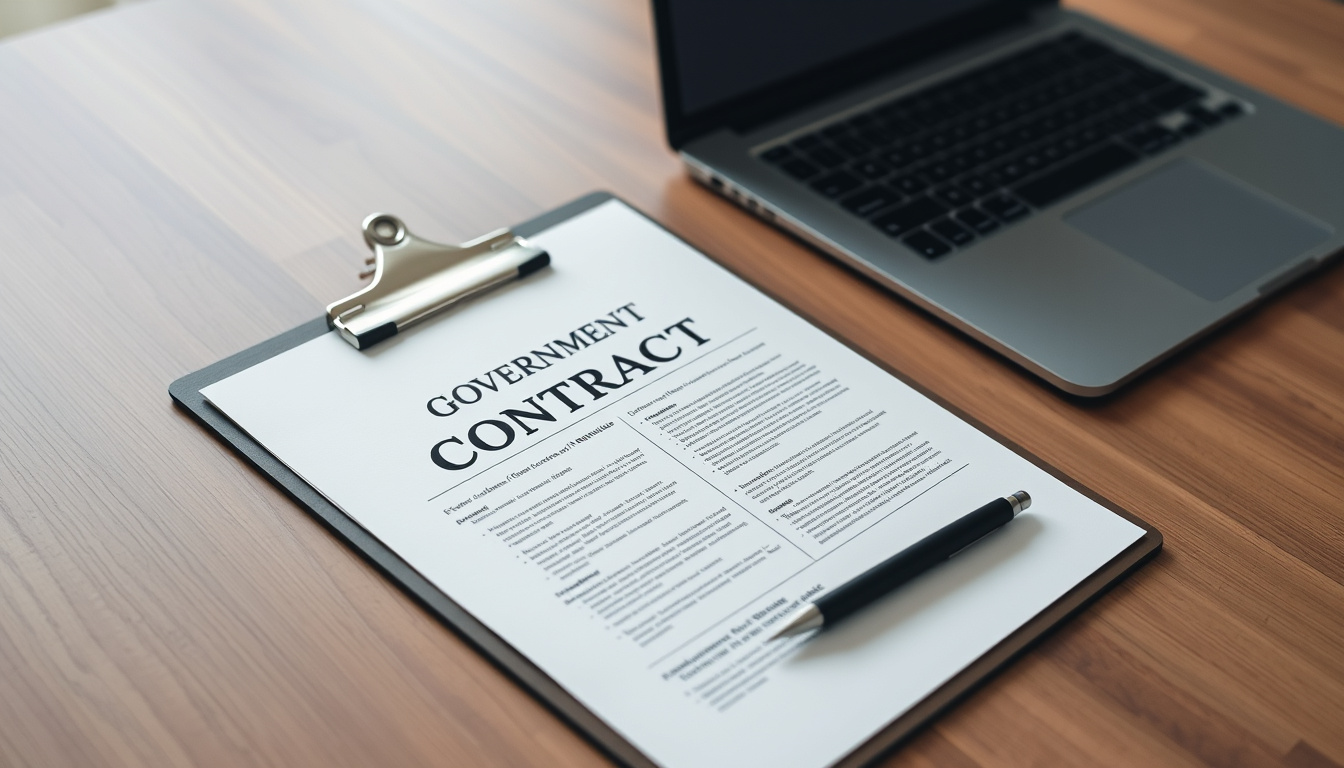  detailed government contract template on clipboard, pen and laptop on wooden desk