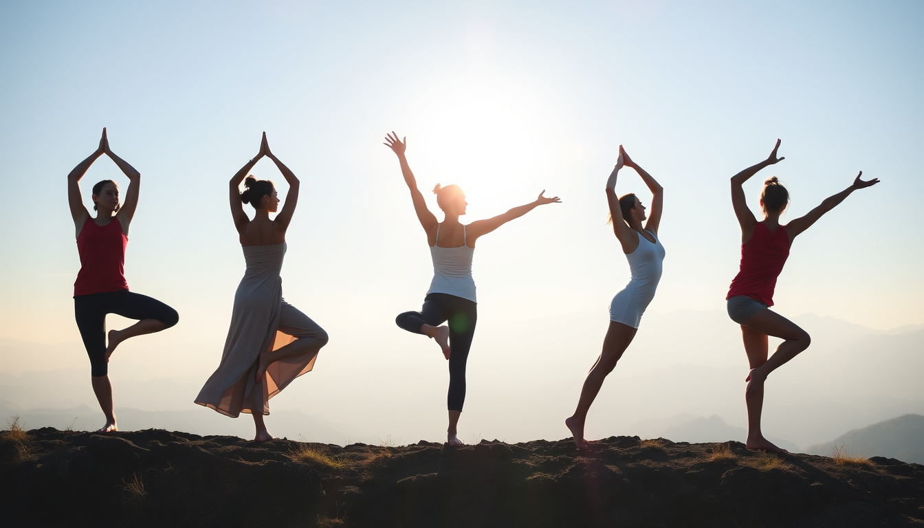  Dynamic dancers practicing yoga on mountaintop