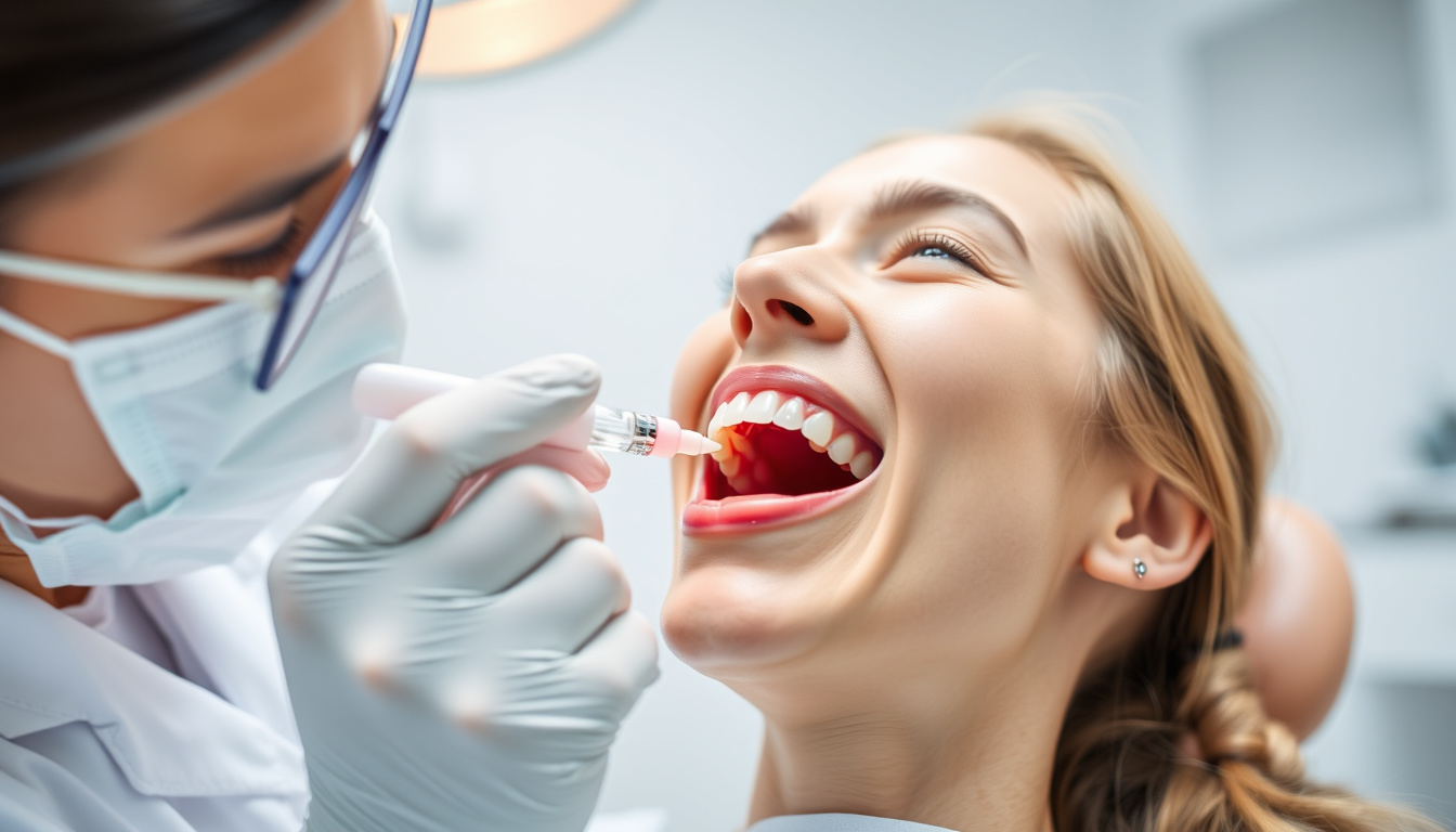  Dentist applying soothing gel on aching tooth, bright white clinic interior