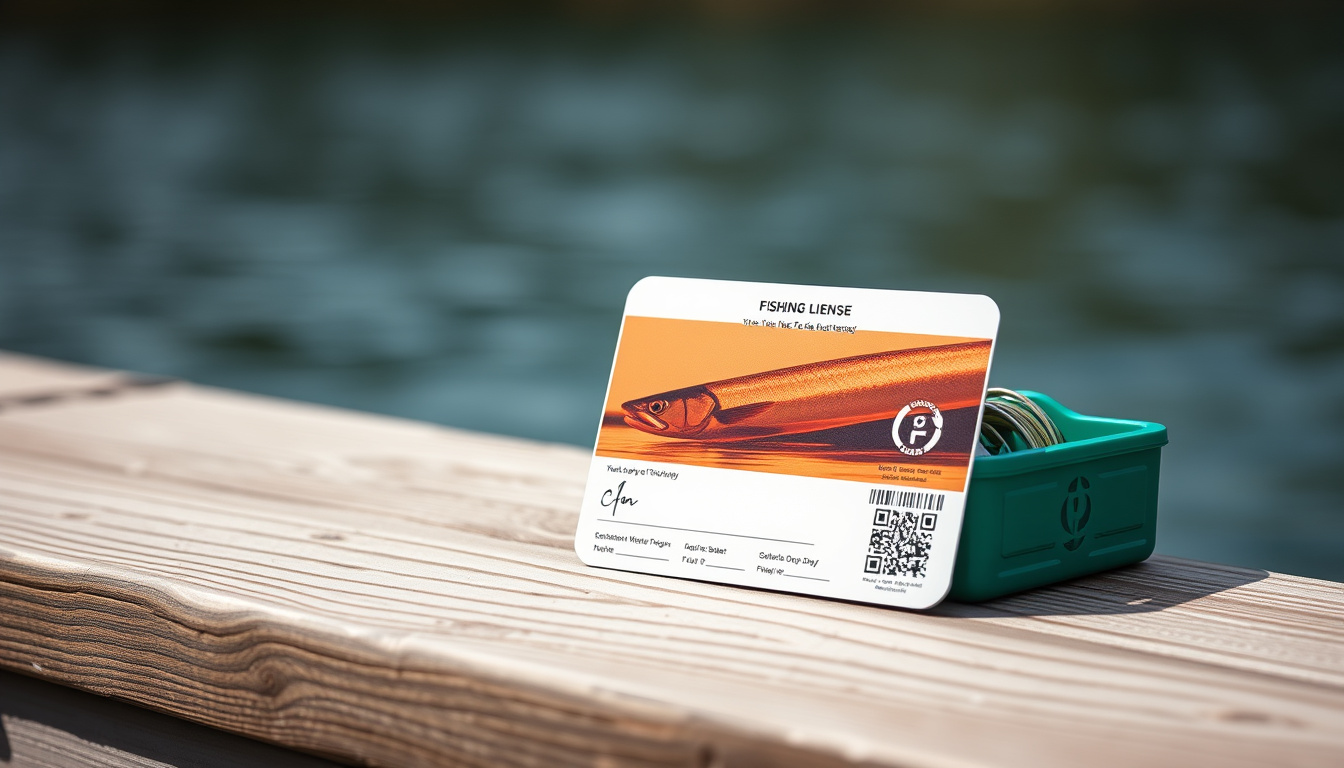  close-up of fishing license and tackle box on wooden dock, calm water background