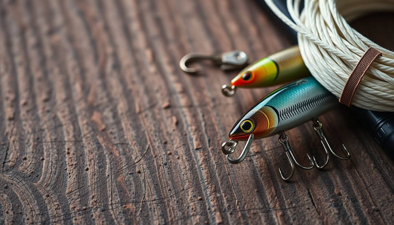  Close-up of fishing lures, hooks, and line on a textured wooden surface