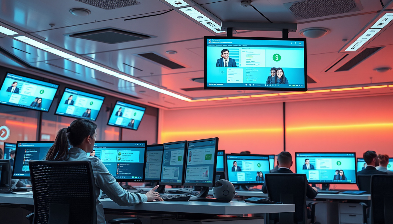  sleek call center with live operators, multiple screens displaying customer queries, futuristic technology ambiance