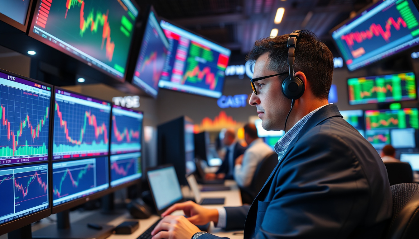  intense trading floor, multiple monitors showing candlestick charts, focused trader making decisions, bullish market ambiance
