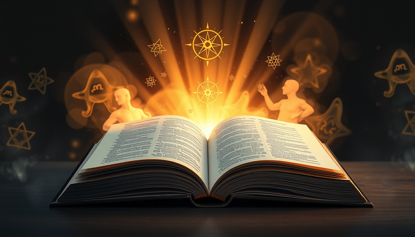  Ancient open book with radiant light beams, ethereal mist, and abstract metaphysical symbols floating above pages