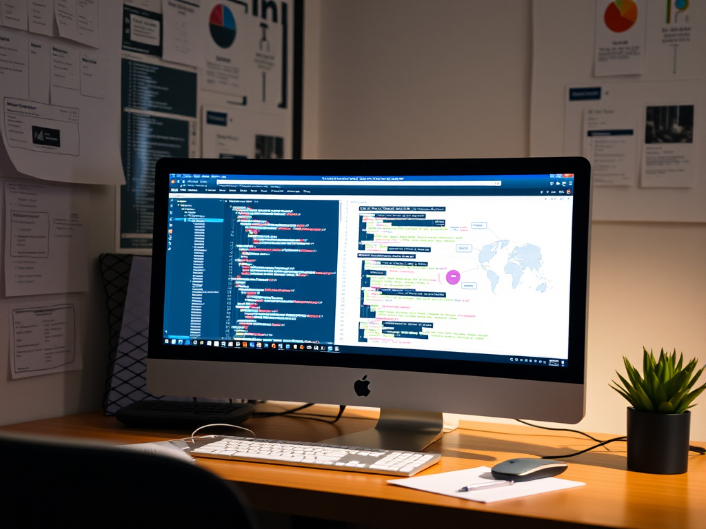 corporate website developer optimizing backend code on a computer with technical diagrams