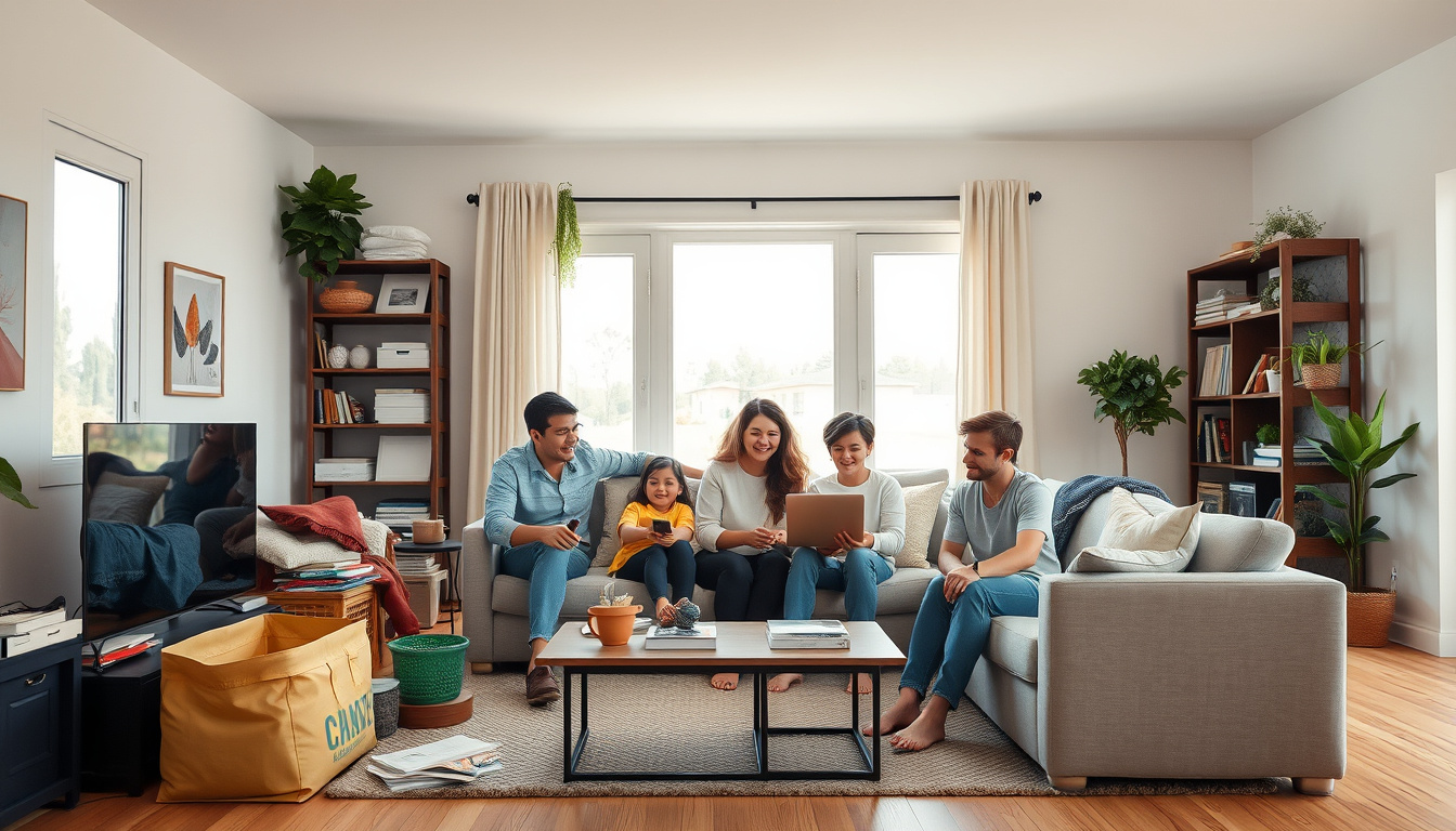  organized clean living room after junk removal, happy family enjoying spacious home environment