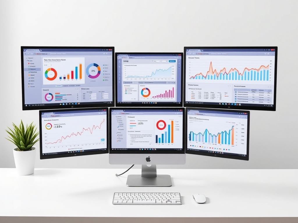 professional digital marketing workspace with multiple screens displaying SEO analytics and charts