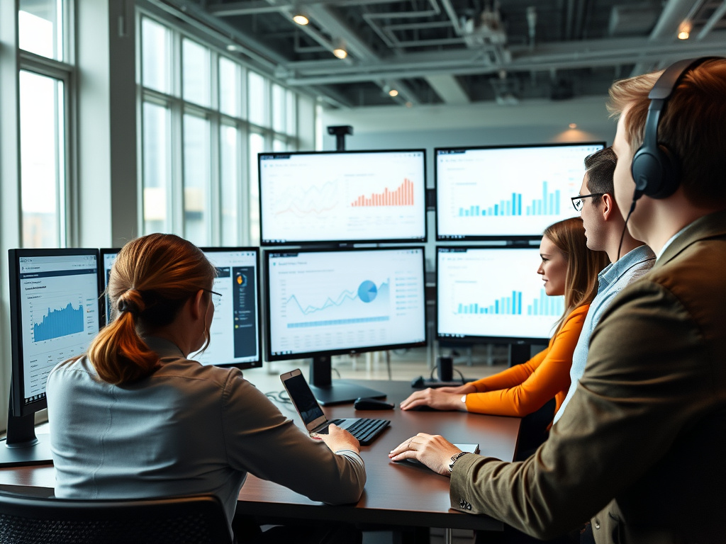 professional team reviewing PPC campaign analytics on multiple screens in a corporate setting