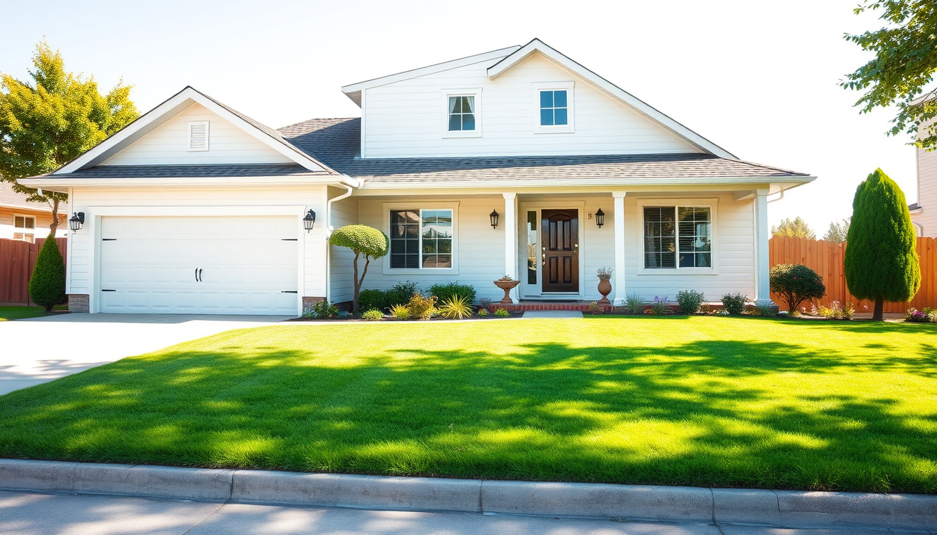  Bright exterior shot of suburban house with well-manicured lawn and fresh paint —no extra words