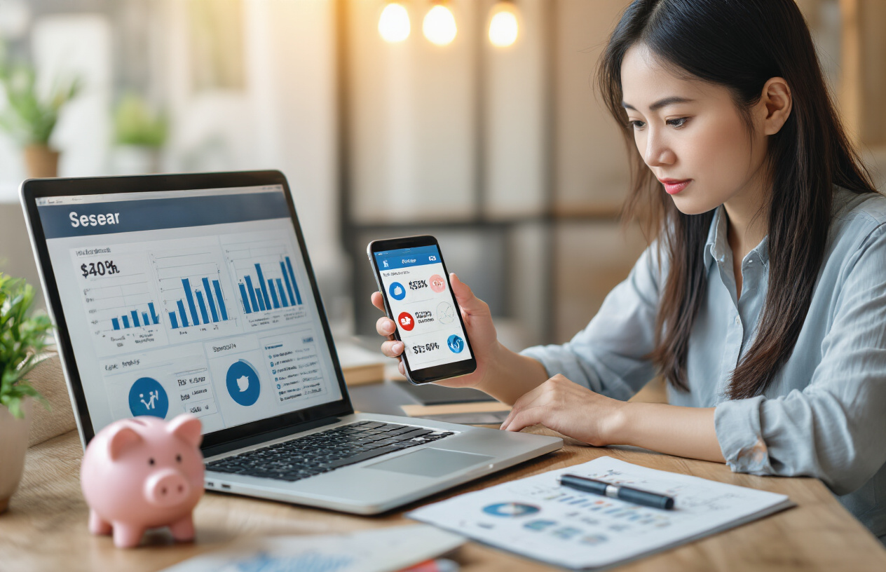 Create a realistic image of a small business owner, Asian female, sitting at a desk analyzing social media analytics on a laptop, with a notepad showing cost calculations nearby, a smartphone displaying different social media platforms, and a small piggy bank symbolizing savings, in a modern office setting with warm lighting, illustrating how social media provides affordable marketing solutions.