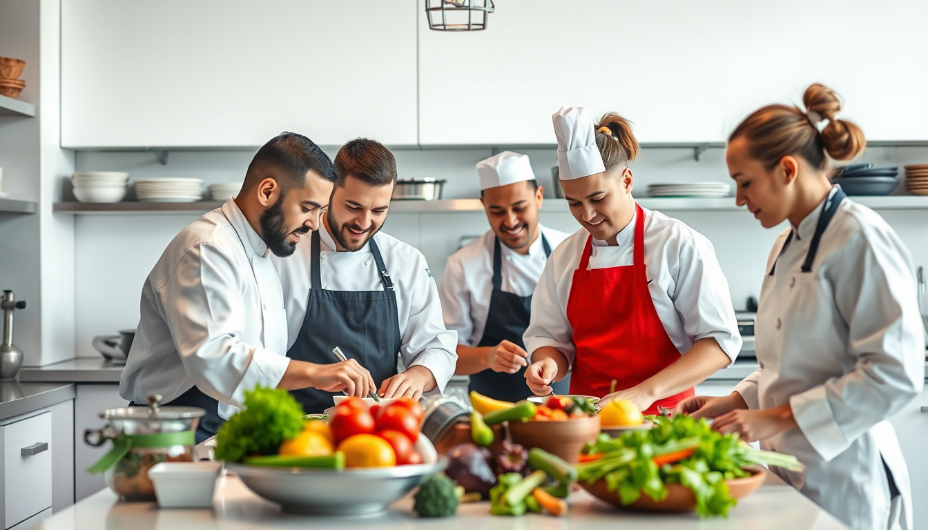  Diverse chefs collaborating in modern kitchen, experimenting with sustainable food production methods