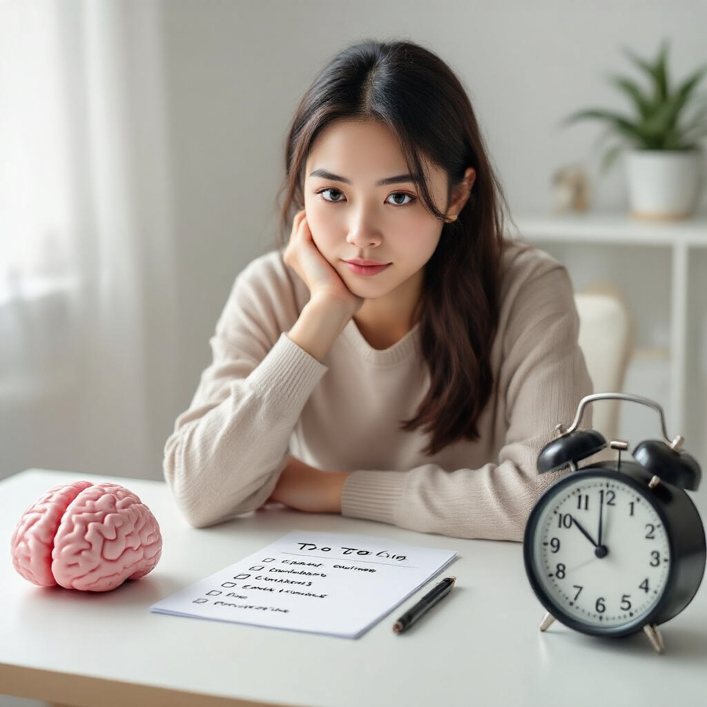 Create a realistic image of a focused young Asian woman sitting at a minimalist desk with a completed to-do list, a brain-shaped stress ball, and a timer showing completed work time, with soft natural lighting creating a calm, accomplished atmosphere that suggests successful implementation of concentration techniques.