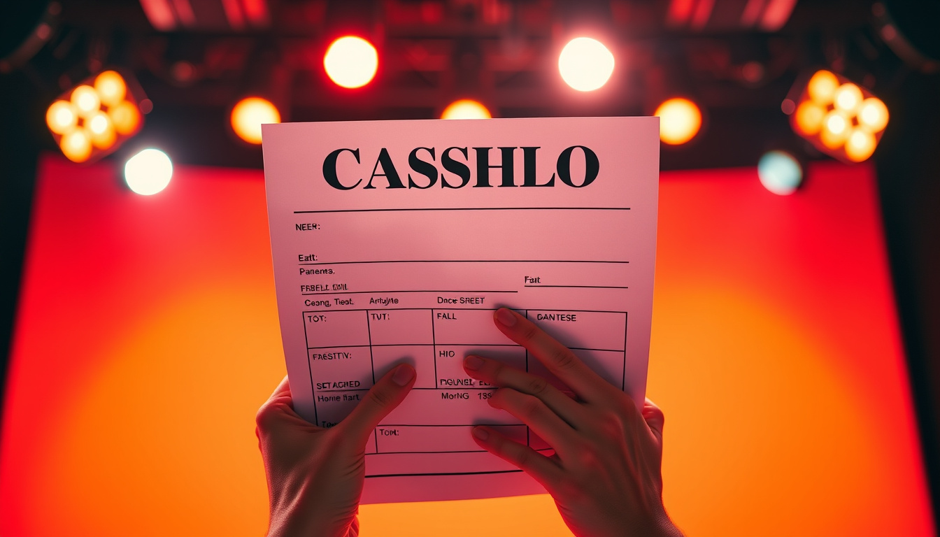  Close-up of hands holding casting call sheets under studio lights