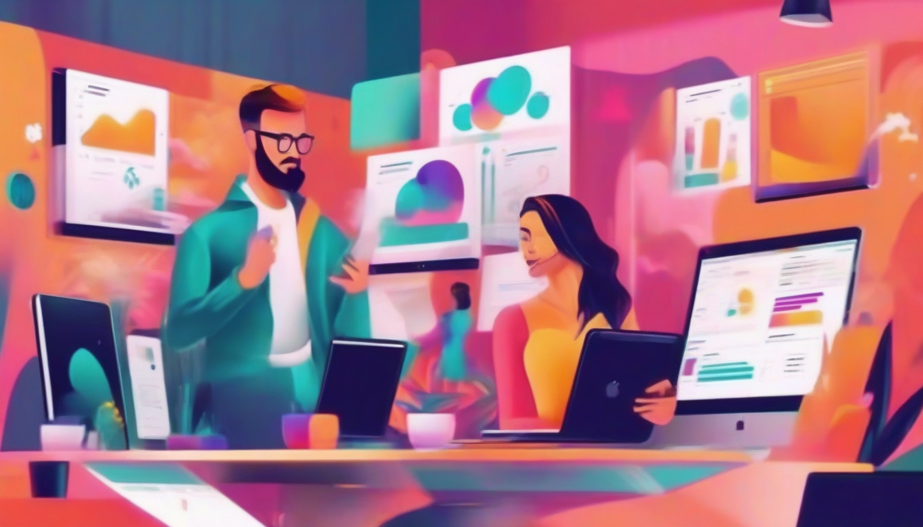  confident marketer reviewing scripted video content, dynamic teamwork in video marketing agency, vibrant colors
