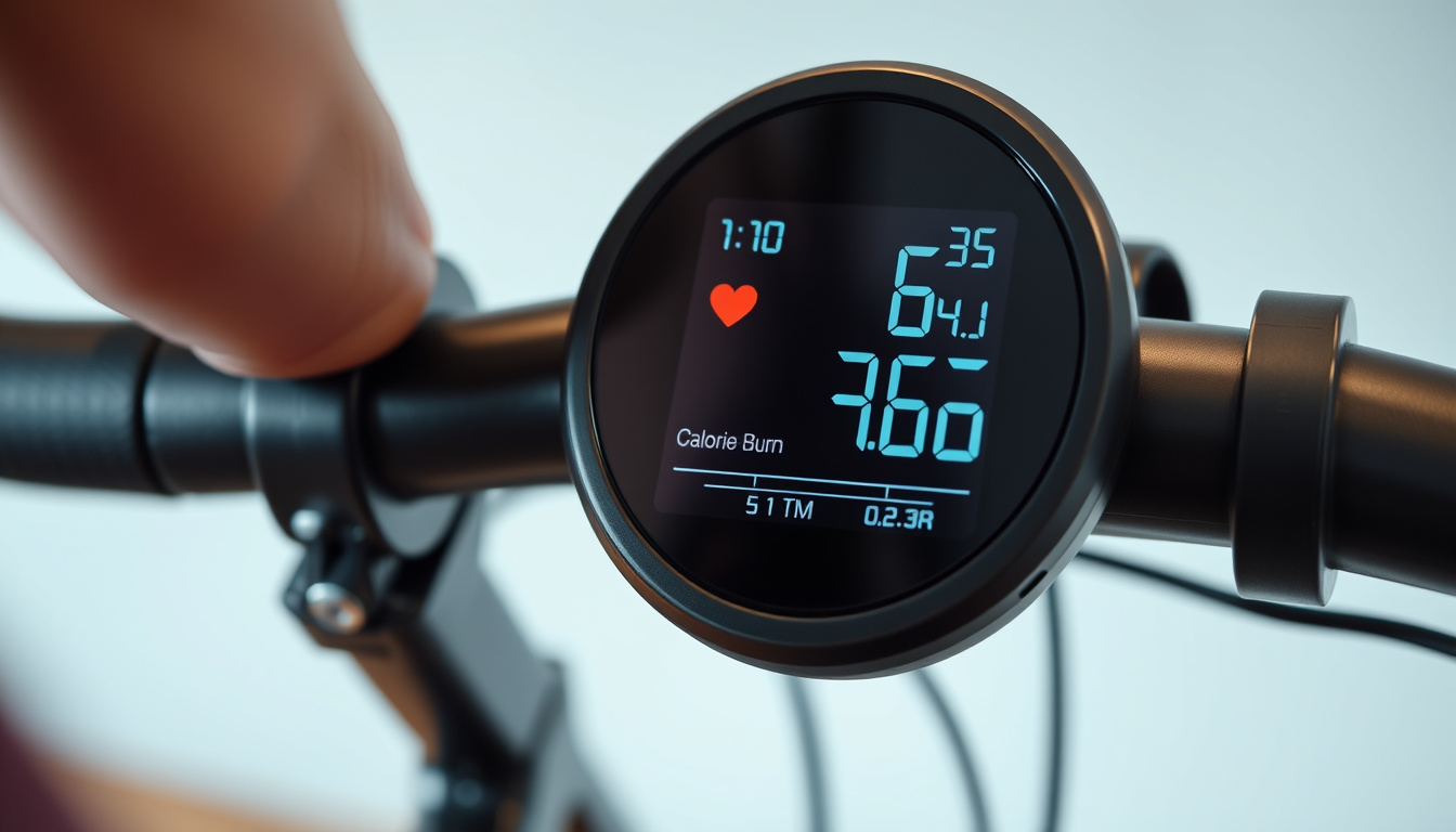  A close-up of a digital fitness monitor showing calorie burn and heart rate during indoor cycling