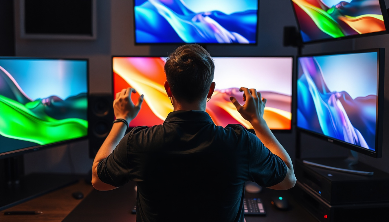  A person adjusting various screens in a sleek tech setup for optimal viewing experiences