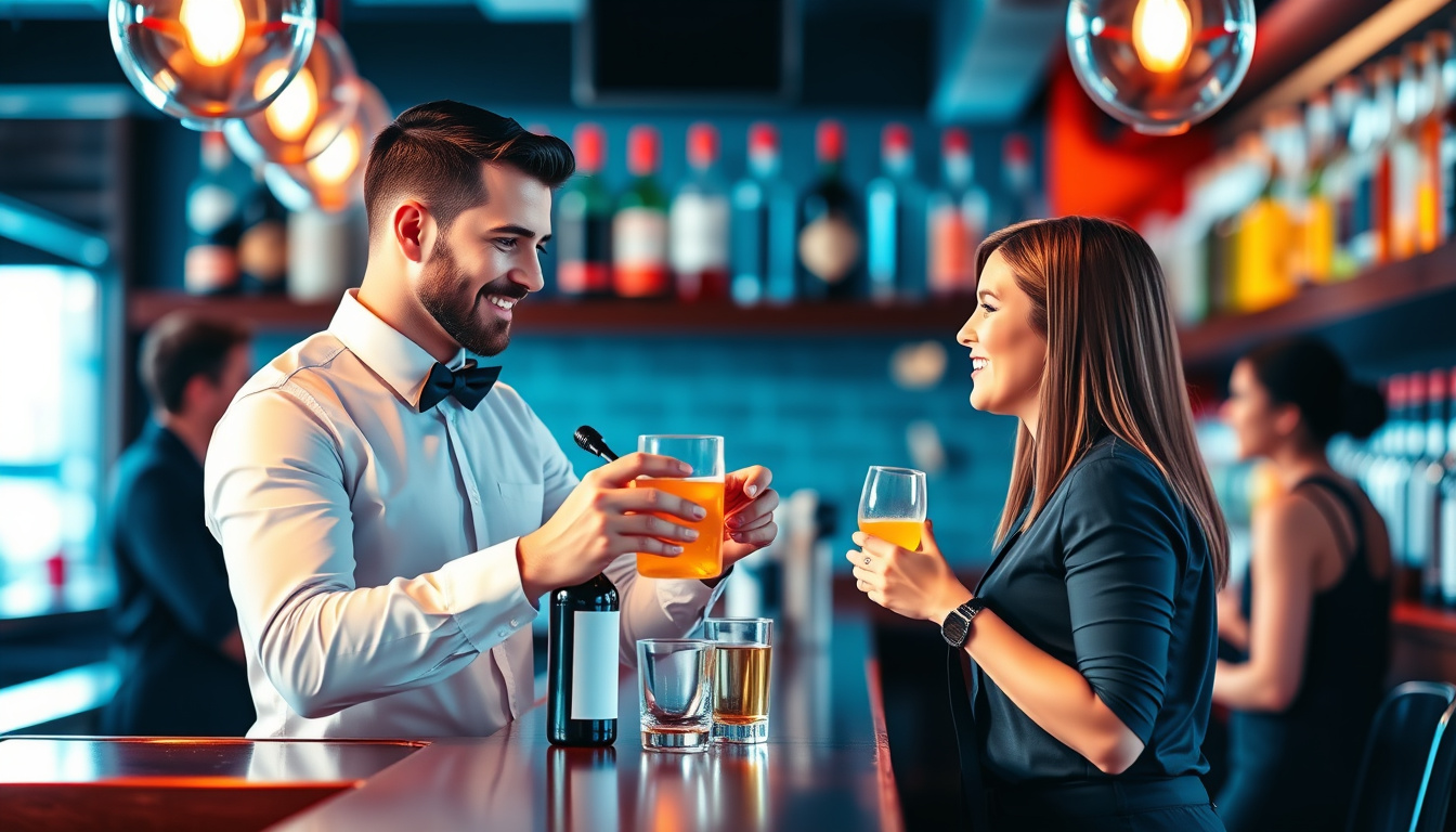 bartender checking ID, responsible alcohol service, compliance with regulations, friendly customer interaction, secure bar environment