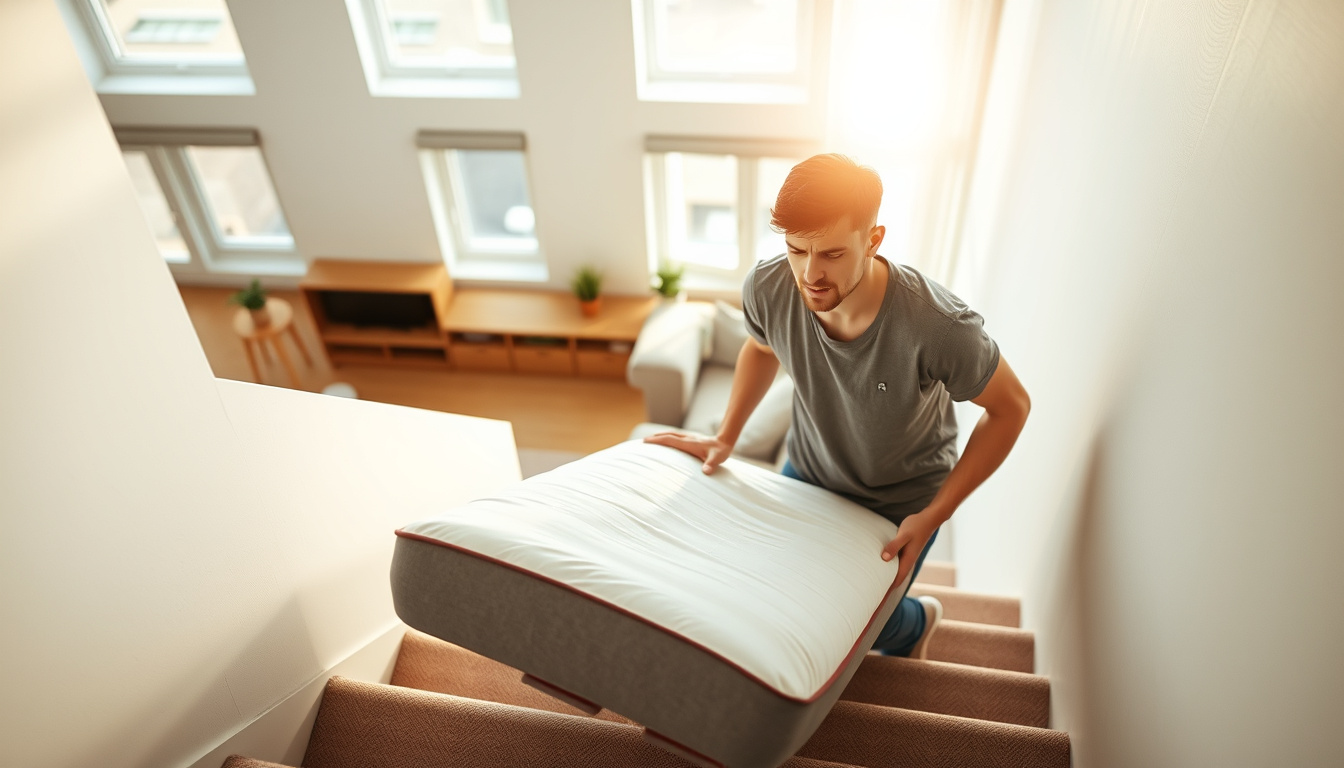  frustrated person rolling mattress down stairs, bright living room, sunlight streaming through windows, morning ambiance