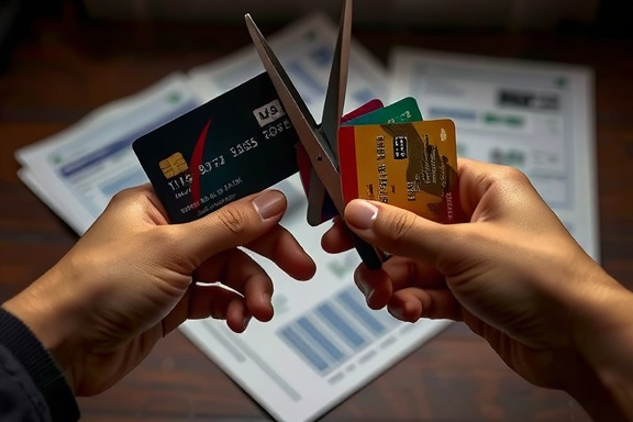 symbolic image of hands holding several credit cards with scissors cutting one card in half, blurred financial documents in background, dramatic lighting