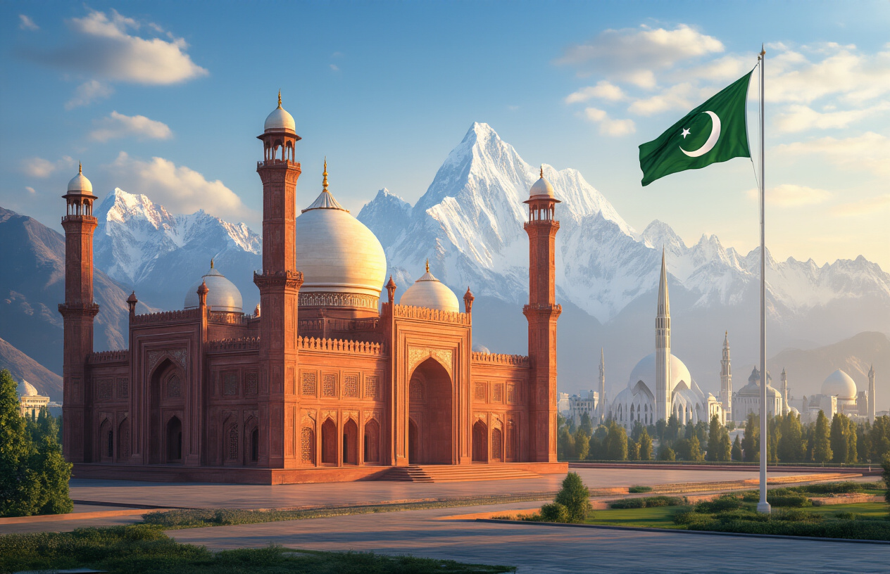 Create a realistic image of Pakistan's iconic landmarks showcasing the country's rich heritage, featuring the majestic Badshahi Mosque with its red sandstone architecture and white marble domes in the foreground, the modern Islamabad skyline with Faisal Mosque's contemporary white structure in the middle ground, and the snow-capped peaks of the Karakoram mountains in the background, with the green and white Pakistani flag gently waving on a flagpole, under warm golden hour lighting that highlights the architectural details and creates a sense of national pride and cultural diversity, with clear blue skies and soft clouds, absolutely NO text should be in the scene.