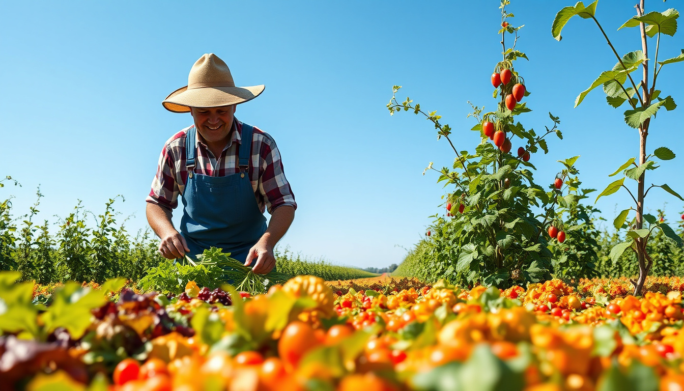  Farmer harvesting vibrant organic crops in a lush, sustainable farm environment, clear blue sky