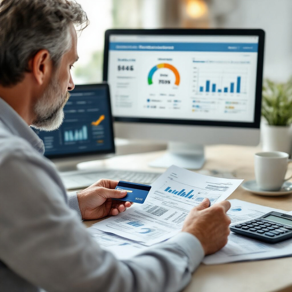 Create a realistic image of a focused middle-aged person reviewing financial documents and credit reports, with a credit card, calculator, and a computer screen displaying credit score metrics visible on a clean, organized desk, soft office lighting creating a professional atmosphere, charts showing improving credit trends in the background.