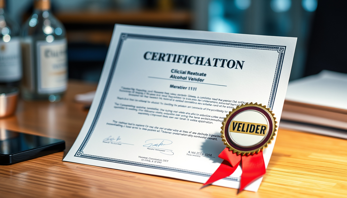  official certification document with alcohol vendor badge on desk