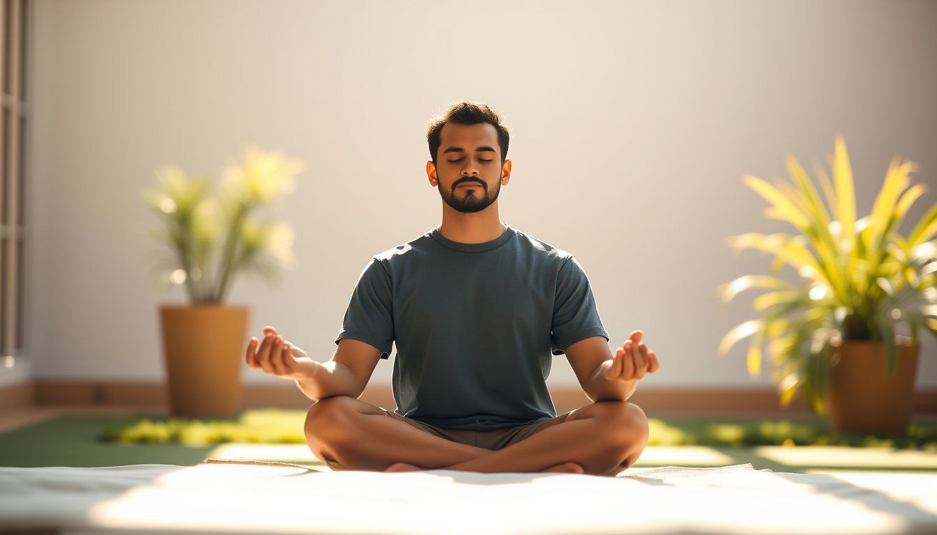  Calm individual practicing mindfulness with soft sunlight and peaceful surroundings
