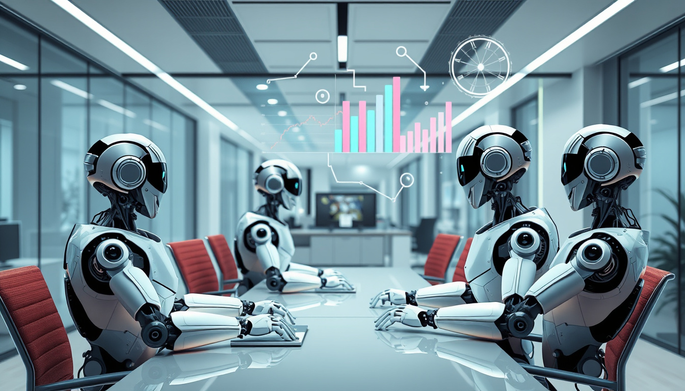  sleek modern office with AI-driven robots collaborating, dynamic digital charts floating in air