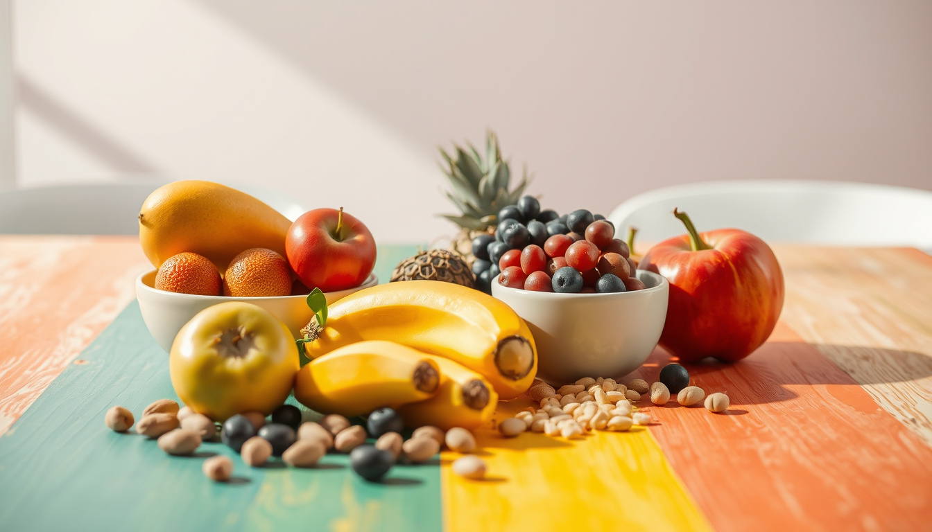  Healthy foods like fruits and nuts on a vibrant table under bright light