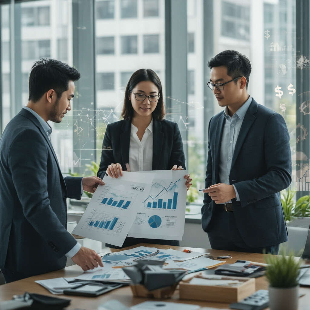 Create a realistic image of a diverse group of financial professionals (white male, black female, Asian male) in a modern office setting reviewing charts and graphs showing upward trends, with a sense of accomplishment, soft natural lighting streaming through large windows, and financial growth symbols subtly incorporated in the background.
