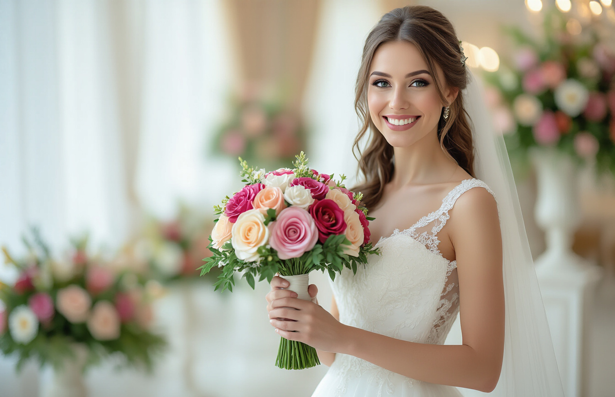 Create a realistic image of a smiling bride in a white wedding dress holding a bouquet of vibrant artificial flowers, standing in an elegantly decorated reception area with creative flower arrangements visible in the background, soft natural lighting highlighting the beauty and practicality of artificial flowers in wedding decor.