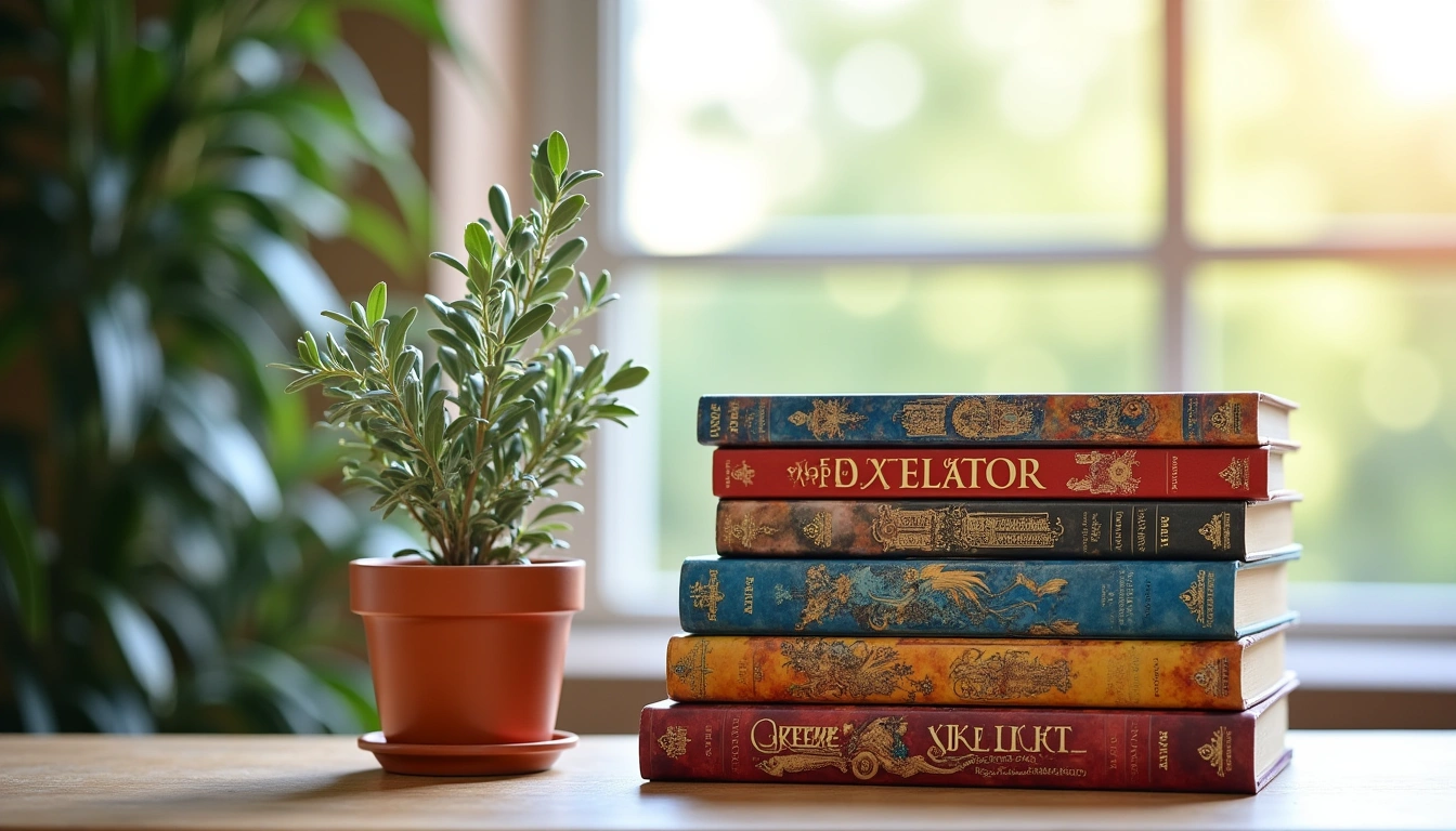 Collection of Norse mythology books with Viking runes and Nordic symbols