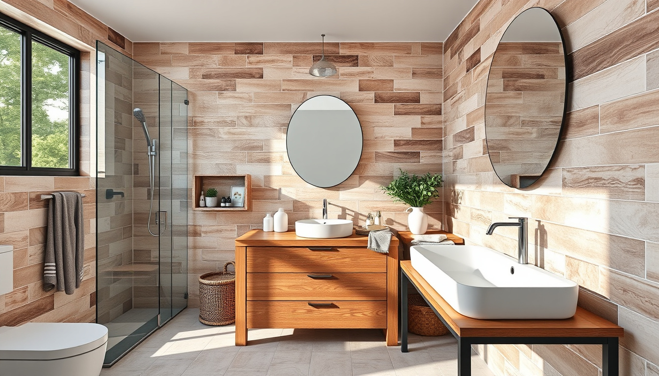 Transform Your Space: Essential Tips for a Successful Bathroom Renovation 1 Rustic wooden vanity with contemporary tiles, airy and inviting