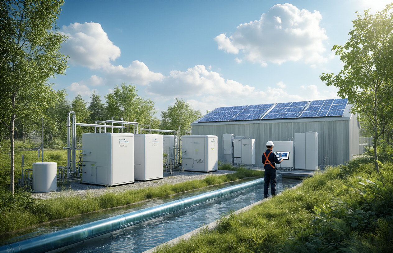 Create a realistic image of a modern, eco-friendly sewage treatment plant with sleek, compact easySTP units in the foreground, surrounded by lush green vegetation and clean water flowing through transparent pipes, featuring solar panels on facility rooftops, blue sky with white clouds, bright natural daylight, conveying innovation and environmental harmony, with a white male engineer in safety gear inspecting equipment and a black female technician monitoring digital displays, absolutely NO text should be in the scene.