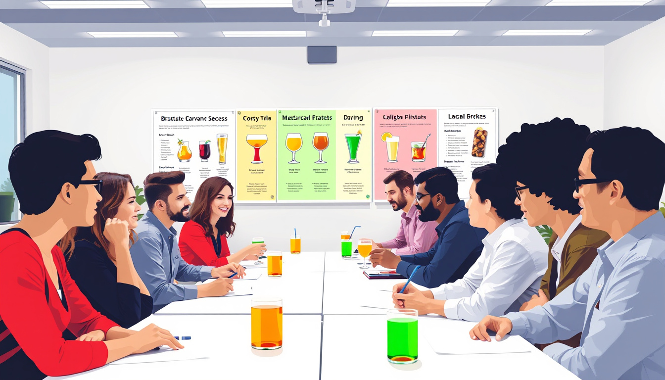  diverse group undergoing responsible beverage service training, classroom setting with safety posters and drinks illustrations
