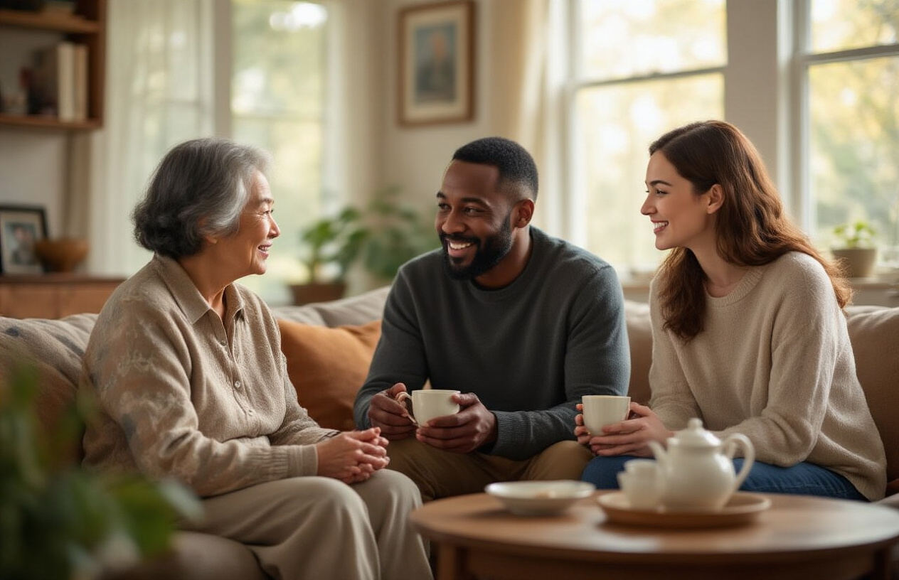 Create a realistic image of diverse people connecting in a warm, inviting living room setting, showing an older Asian woman, a middle-aged Black man, and a young white woman engaged in genuine conversation, with body language indicating active listening and emotional support, soft natural lighting streaming through windows, and subtle details like shared tea cups and family photos in the background suggesting meaningful relationships.