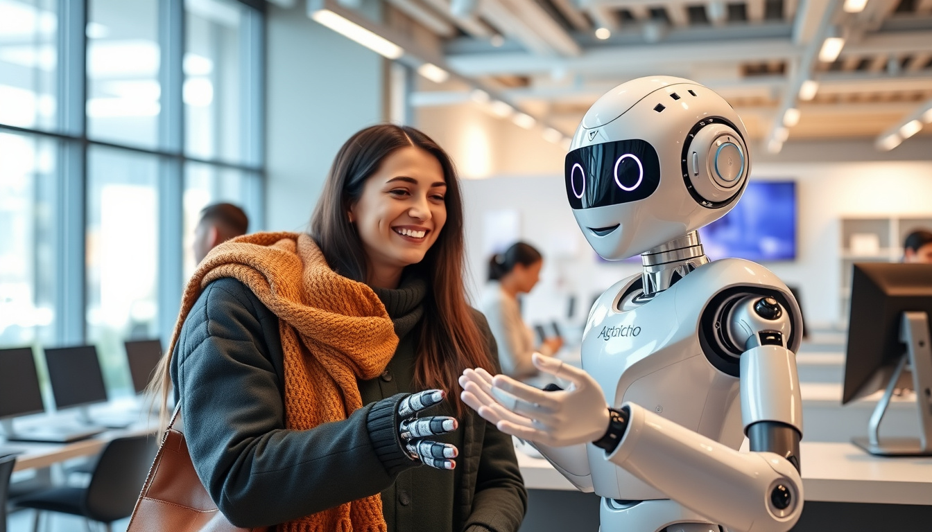  Friendly AI chatbot interacting with happy customers in a modern customer service center