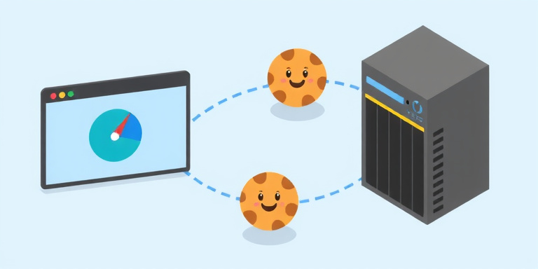 Digital illustration showing a web browser on the left and a server on the right, with small cookie files traveling between them as data packets. The cookies should be cartoon-style with friendly faces. Use a light blue background with subtle network connection lines. Style should be modern flat design with clean lines.