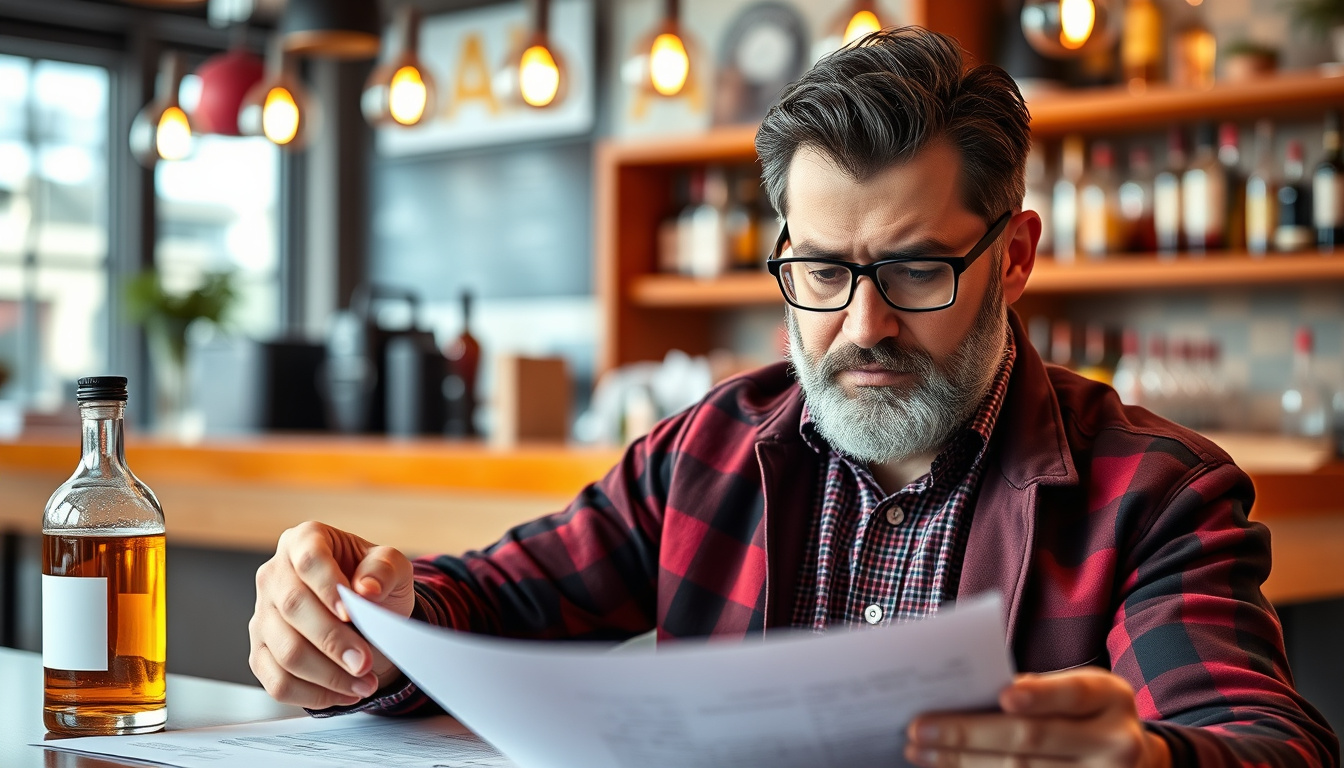  A business owner reviewing alcohol liability policies with legal documents and a concerned expression