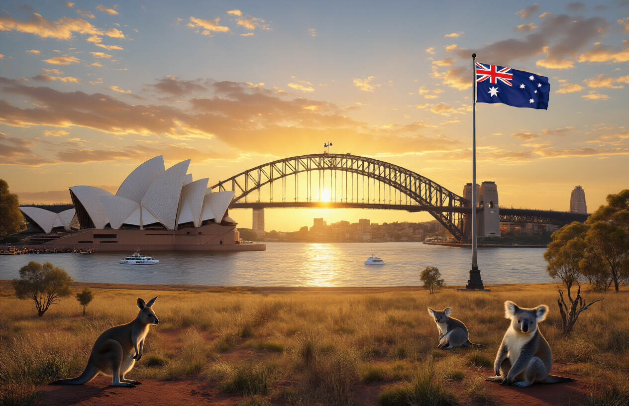Create a realistic image of a sweeping panoramic view of iconic Australian landmarks including the Sydney Opera House and Harbour Bridge in the foreground, Uluru (Ayers Rock) in the middle distance, and the Australian flag waving prominently on a tall flagpole, with diverse Australian wildlife like kangaroos and koalas positioned naturally in the scene, set against a golden sunset sky with warm lighting that creates a sense of national unity and pride, absolutely NO text should be in the scene.