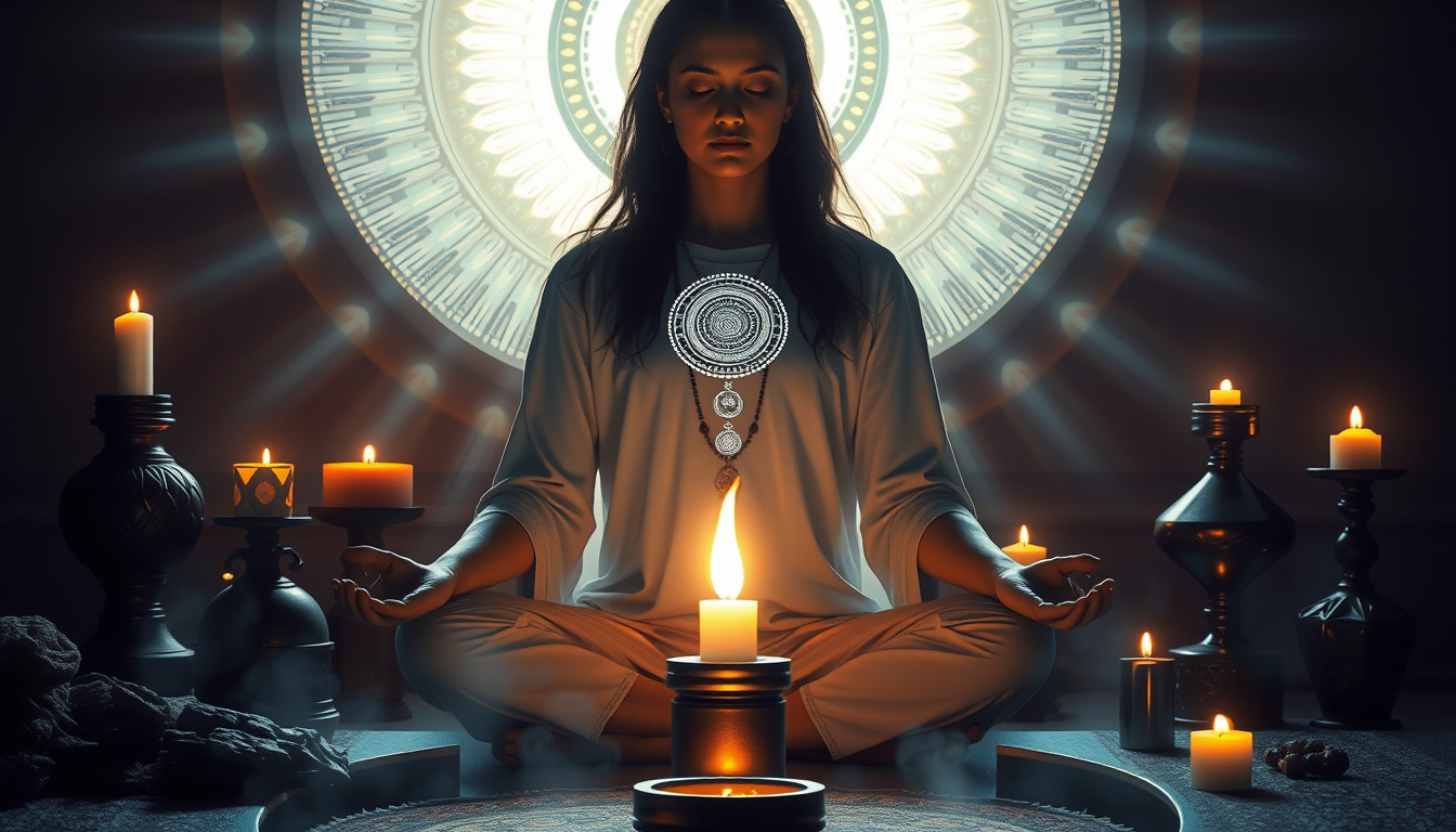  Modern spiritual seeker meditating amid ethereal light and sacred artifacts