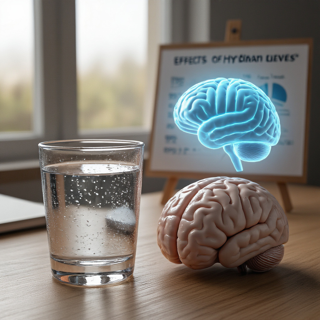 Create a realistic image of a transparent glass of water with droplets of condensation on its surface, placed next to a human brain model on a wooden desk, with a subtle blue glow around the brain suggesting cognitive activity, soft natural lighting from a nearby window, and a small chart in the background showing the effects of hydration levels on brain performance.