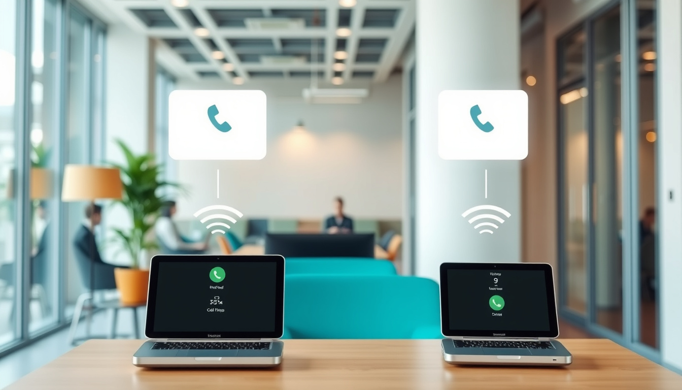  modern office environment showing seamless communication via call forwarding on multiple devices