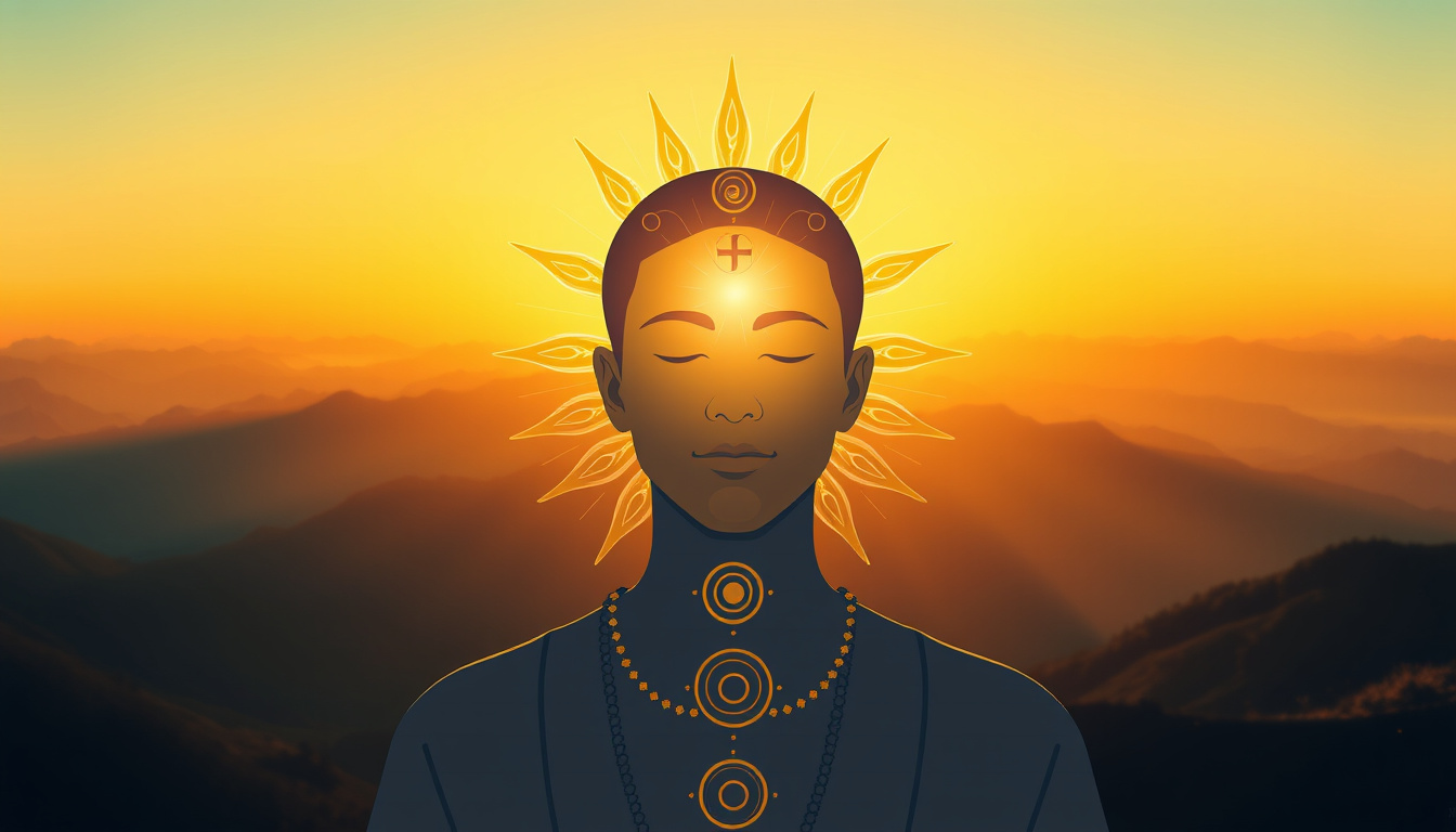 Radiant aura enveloping calm person, golden spiritual symbols, tranquil sunrise over mountains