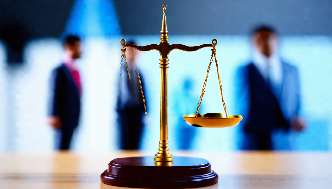  symbolic scales of justice with blurred employer and employee figures in background